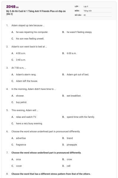 Bộ 5 đề thi Cuối kì 1 Tiếng Anh 9 Friends Plus có đáp án (Đề 2)