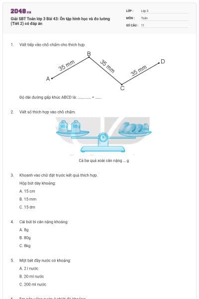 Giải SBT Toán lớp 3 Bài 43: Ôn tập hình học và đo lường (Tiết 2) có đáp án