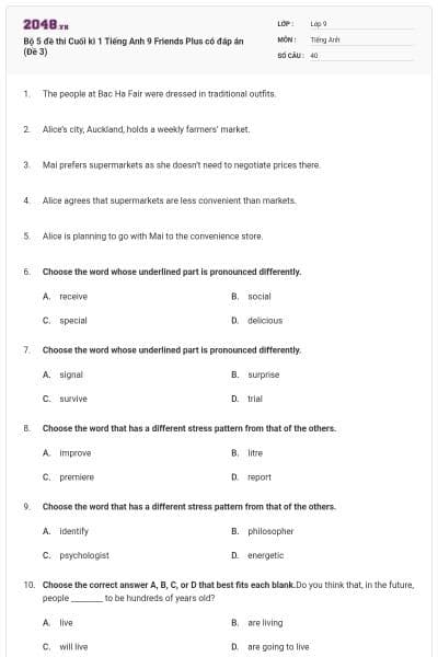 Bộ 5 đề thi Cuối kì 1 Tiếng Anh 9 Friends Plus có đáp án (Đề 3)