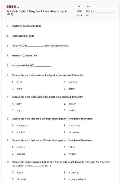 Bộ 5 đề thi Cuối kì 1 Tiếng Anh 9 Friends Plus có đáp án (Đề 4)