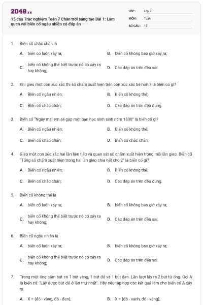 15 câu Trắc nghiệm Toán 7 Chân trời sáng tạo Bài 1: Làm quen với biến cố ngẫu nhiên có đáp án
