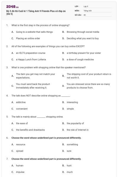 Bộ 5 đề thi Cuối kì 1 Tiếng Anh 9 Friends Plus có đáp án (Đề 5)