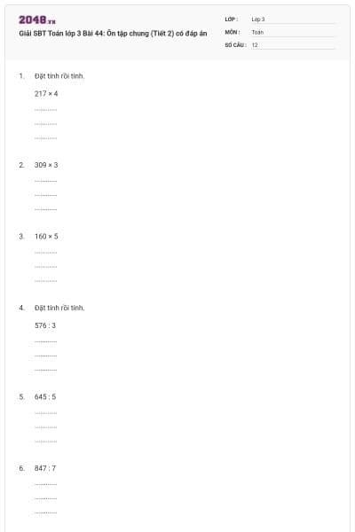 Giải SBT Toán lớp 3 Bài 44: Ôn tập chung (Tiết 2) có đáp án
