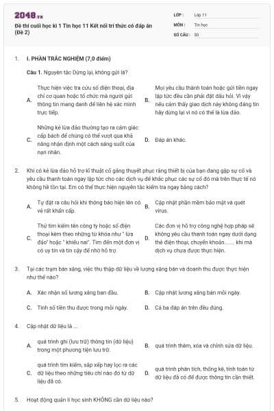 Đề thi cuối học kì 1 Tin học 11 Kết nối trí thức có đáp án (Đề 2)