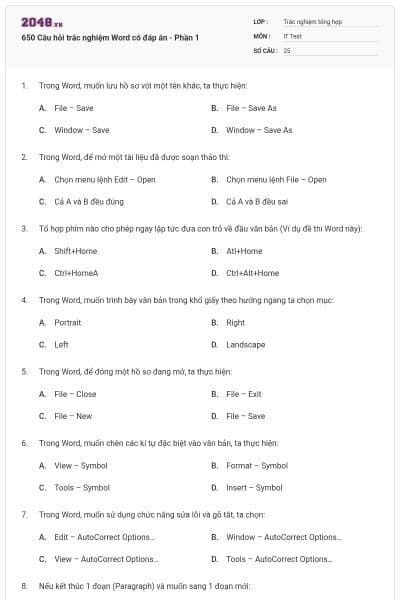 650 Câu hỏi trắc nghiệm Word có đáp án - Phần 1