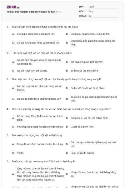 70 câu trắc nghiệm Tĩnh học vật rắn cơ bản (P1)