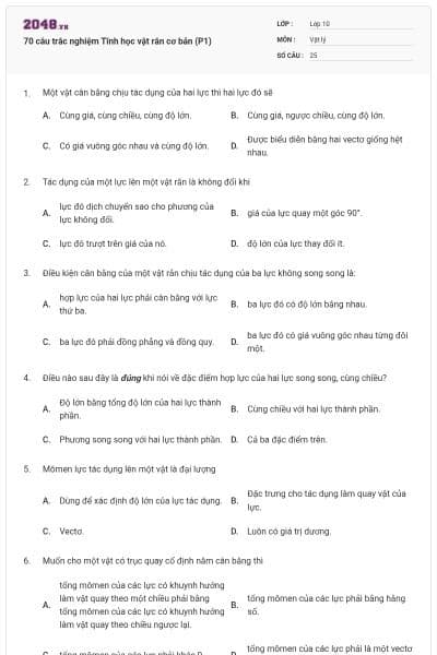 70 câu trắc nghiệm Tĩnh học vật rắn cơ bản (P1)