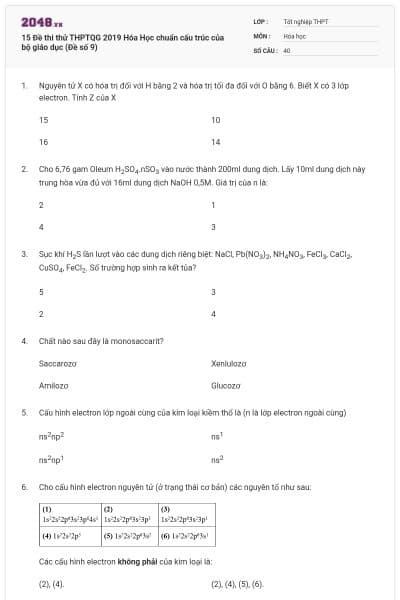 15 Đề thi thử THPTQG 2019 Hóa Học chuẩn cấu trúc của bộ giáo dục (Đề số 9)