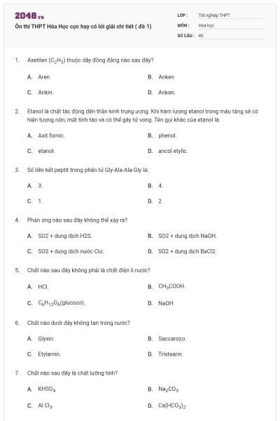 Ôn thi THPT Hóa Học cực hay có lời giải chi tiết ( đề 1)