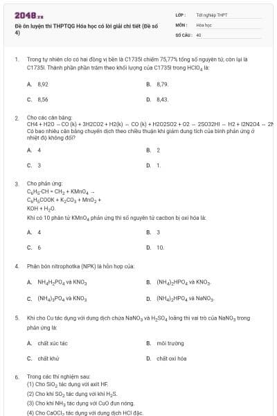 Đề ôn luyện thi THPTQG Hóa học có lời giải chi tiết (Đề số 4)