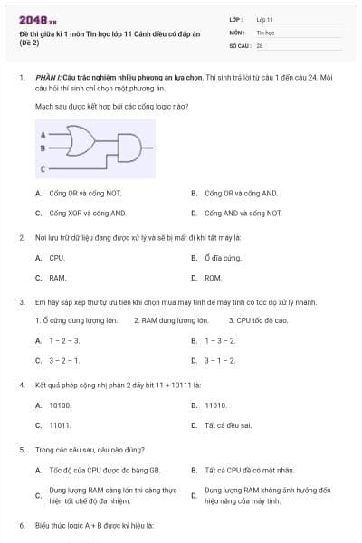 Đề thi giữa kì 1 môn Tin học lớp 11 Cánh diều có đáp án (Đề 2)