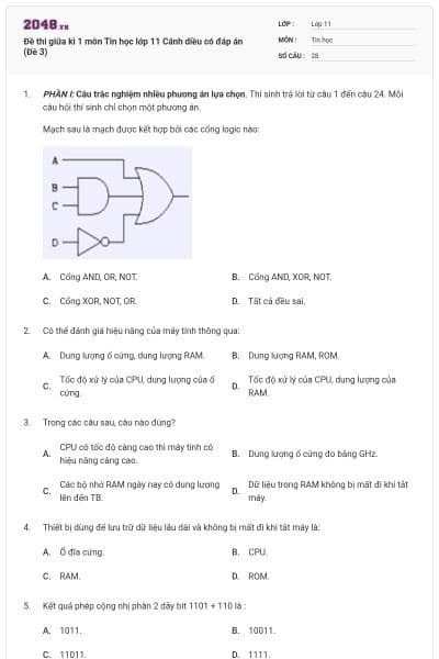 Đề thi giữa kì 1 môn Tin học lớp 11 Cánh diều có đáp án (Đề 3)