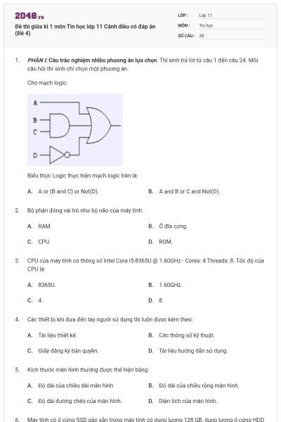 Đề thi giữa kì 1 môn Tin học lớp 11 Cánh diều có đáp án (Đề 4)