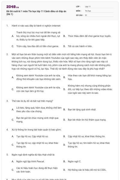 Đề thi cuối kì 1 môn Tin học lớp 11 Cánh diều có đáp án (Đề 1)