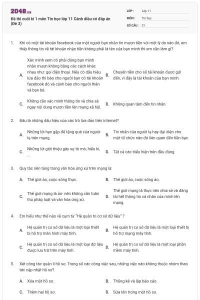 Đề thi cuối kì 1 môn Tin học lớp 11 Cánh diều có đáp án (Đề 3)