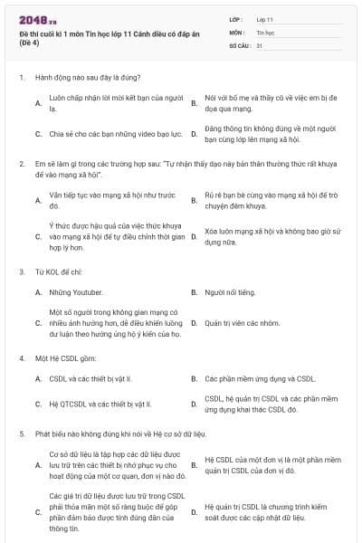 Đề thi cuối kì 1 môn Tin học lớp 11 Cánh diều có đáp án (Đề 4)