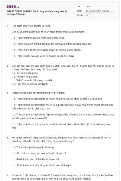 Giải SBT KTPL 10 Bài 3. Thị trường và chức năng của thị trường có đáp án