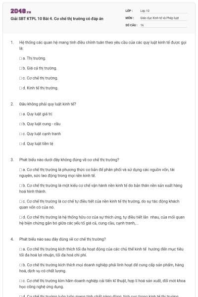 Giải SBT KTPL 10 Bài 4. Cơ chế thị trường có đáp án
