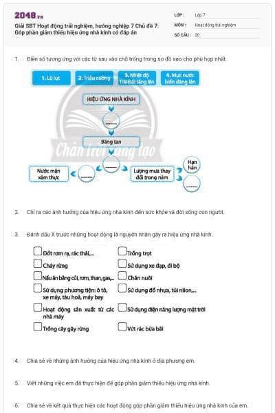 Giải SBT Hoạt động trải nghiệm, hướng nghiệp 7 Chủ đề 7: Góp phần giảm thiểu hiệu ứng nhà kính có đáp án