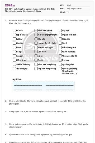 Giải SBT Hoạt động trải nghiệm, hướng nghiệp 7 Chủ đề 8: Tìm hiểu các nghề ở địa phương có đáp án