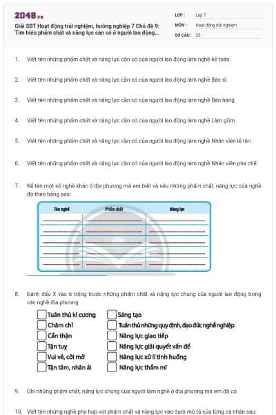 Giải SBT Hoạt động trải nghiệm, hướng nghiệp 7 Chủ đề 9: Tìm hiểu phẩm chất và năng lực cần có ở người lao động có đáp án
