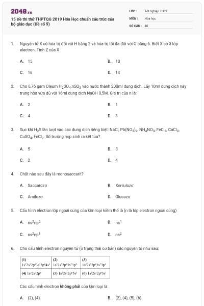 15 Đề thi thử THPTQG 2019 Hóa Học chuẩn cấu trúc của bộ giáo dục (Đề số 9)