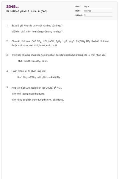 Đề thi Hóa 9 giữa kì 1 có đáp án (Đề 5)
