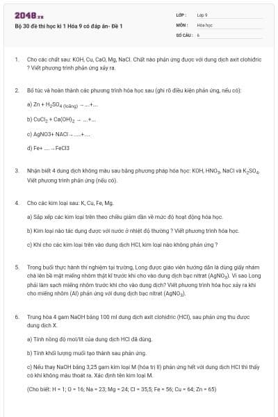 Bộ 30 đề thi học kì 1 Hóa 9 có đáp án- Đề 1