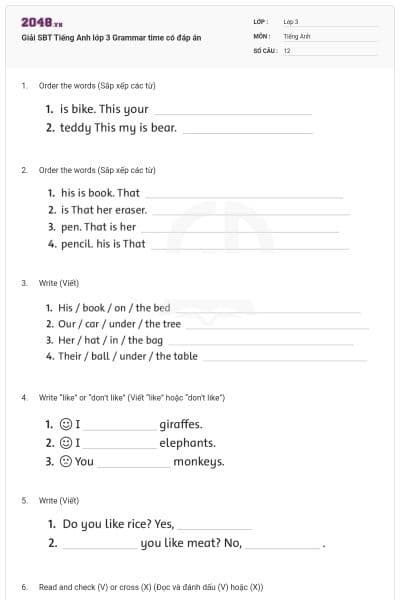 Giải SBT Tiếng Anh lớp 3 Grammar time có đáp án