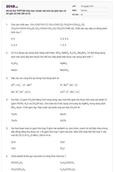 Đề thi thử THPTQG Hóa Học chuẩn cấu trúc bộ giáo dục có lời giải chi tiết (Đề số 5)