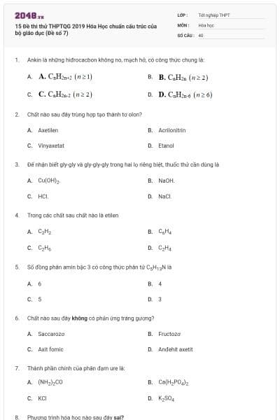 15 Đề thi thử THPTQG 2019 Hóa Học chuẩn cấu trúc của bộ giáo dục (Đề số 7)
