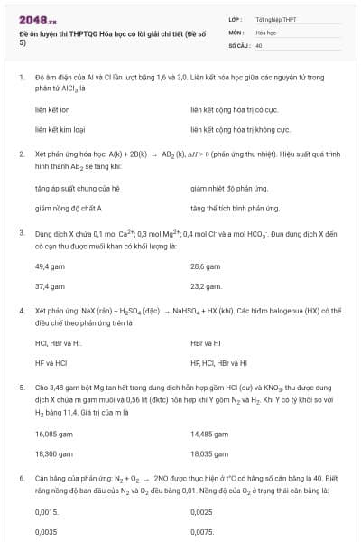 Đề ôn luyện thi THPTQG Hóa học có lời giải chi tiết (Đề số 5)