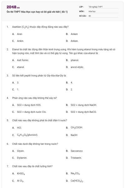 Ôn thi THPT Hóa Học cực hay có lời giải chi tiết ( đề 1)