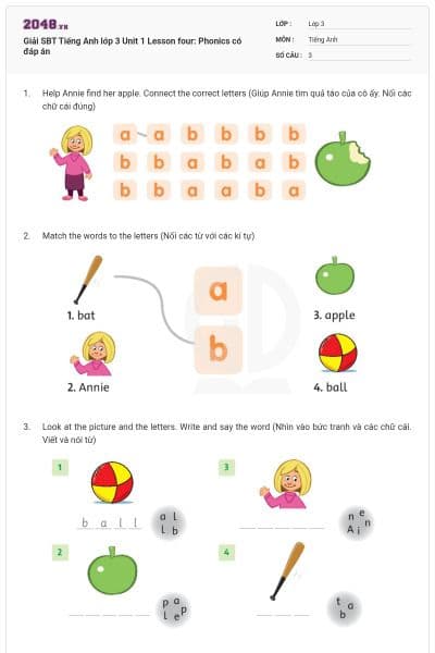 Giải SBT Tiếng Anh lớp 3 Unit 1 Lesson four: Phonics có đáp án