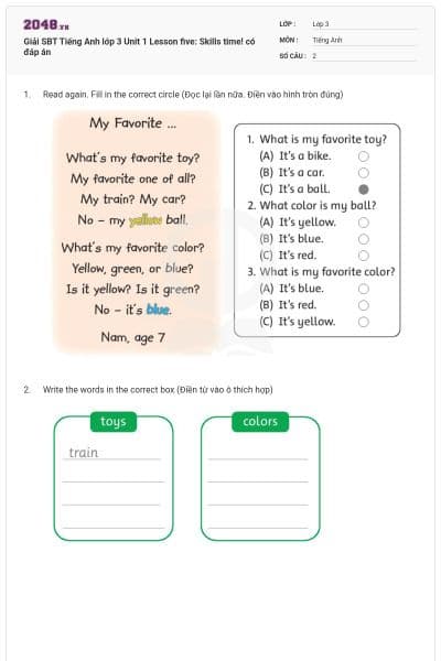 Giải SBT Tiếng Anh lớp 3 Unit 1 Lesson five: Skills time! có đáp án