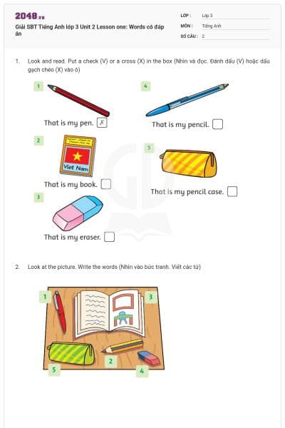 Giải SBT Tiếng Anh lớp 3 Unit 2 Lesson one: Words có đáp án