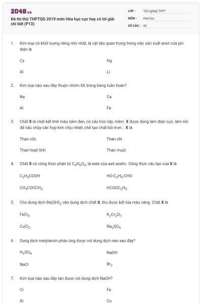 Đề thi thử THPTQG 2019 môn Hóa học cực hay có lời giải chi tiết (P13)