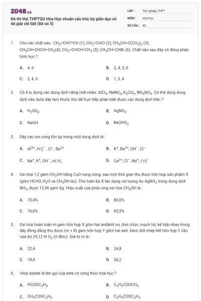 Đề thi thử THPTQG Hóa Học chuẩn cấu trúc bộ giáo dục có lời giải chi tiết (Đề số 5)
