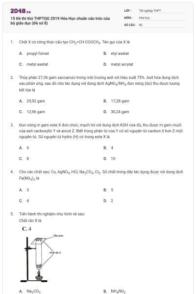 15 Đề thi thử THPTQG 2019 Hóa Học chuẩn cấu trúc của bộ giáo dục (Đề số 8)