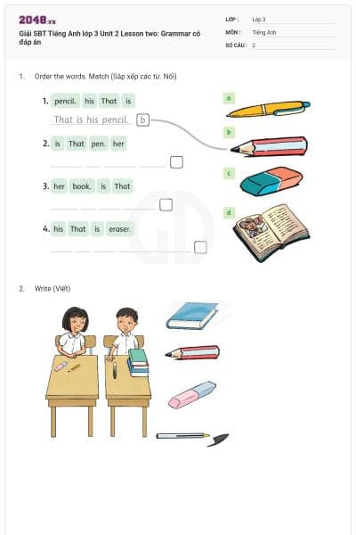 Giải SBT Tiếng Anh lớp 3 Unit 2 Lesson two: Grammar có đáp án