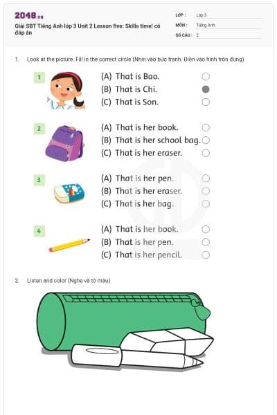 Giải SBT Tiếng Anh lớp 3 Unit 2 Lesson five: Skills time! có đáp án