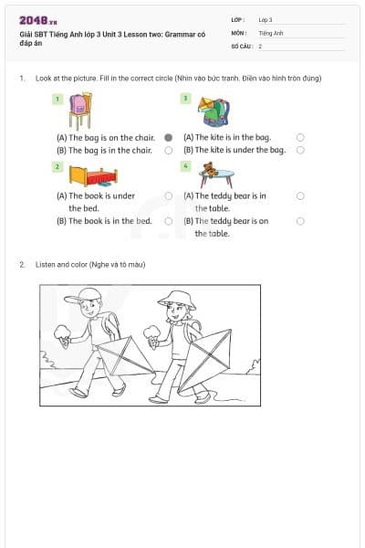 Giải SBT Tiếng Anh lớp 3 Unit 3 Lesson two: Grammar có đáp án