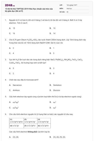 15 Đề thi thử THPTQG 2019 Hóa Học chuẩn cấu trúc của bộ giáo dục (Đề số 9)