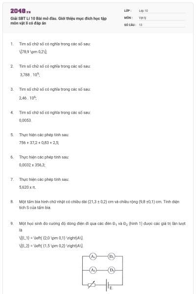 Giải SBT Lí 10 Bài mở đầu. Giới thiệu mục đích học tập môn vật lí có đáp án