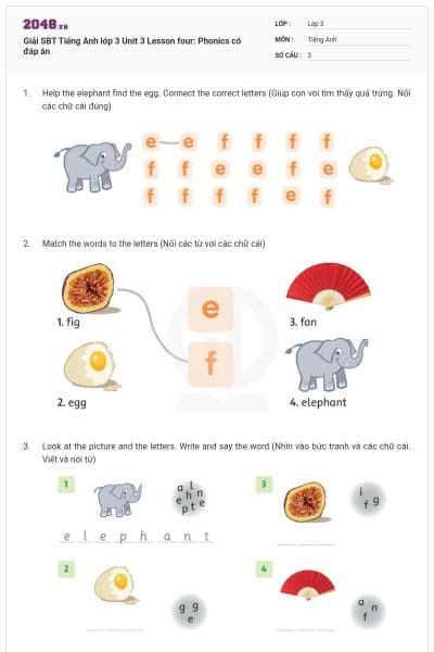 Giải SBT Tiếng Anh lớp 3 Unit 3 Lesson four: Phonics có đáp án