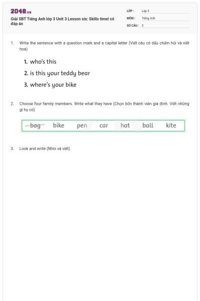 Giải SBT Tiếng Anh lớp 3 Unit 3 Lesson six: Skills time! có đáp án