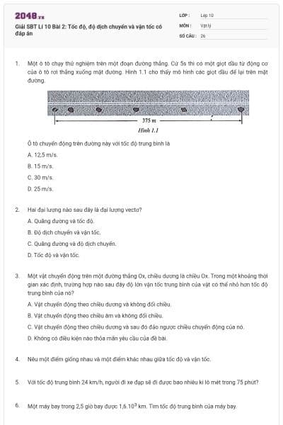 Giải SBT Lí 10 Bài 2: Tốc độ, độ dịch chuyển và vận tốc có đáp án