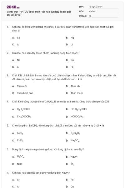 Đề thi thử THPTQG 2019 môn Hóa học cực hay có lời giải chi tiết (P13)