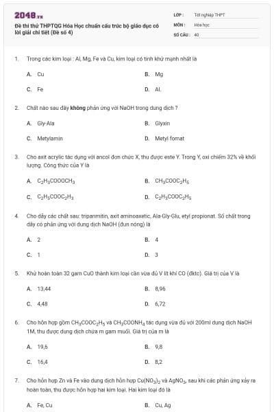 Đề thi thử THPTQG Hóa Học chuẩn cấu trúc bộ giáo dục có lời giải chi tiết (Đề số 4)