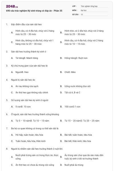 690 câu trắc nghiệm Ký sinh trùng có đáp án - Phần 35